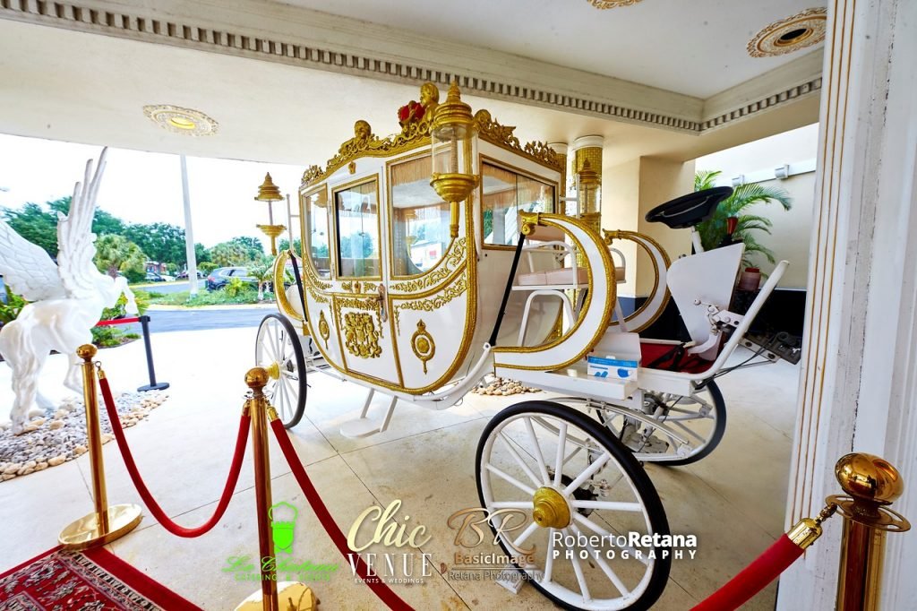 Royal carriage at the palace entrance with red carpet